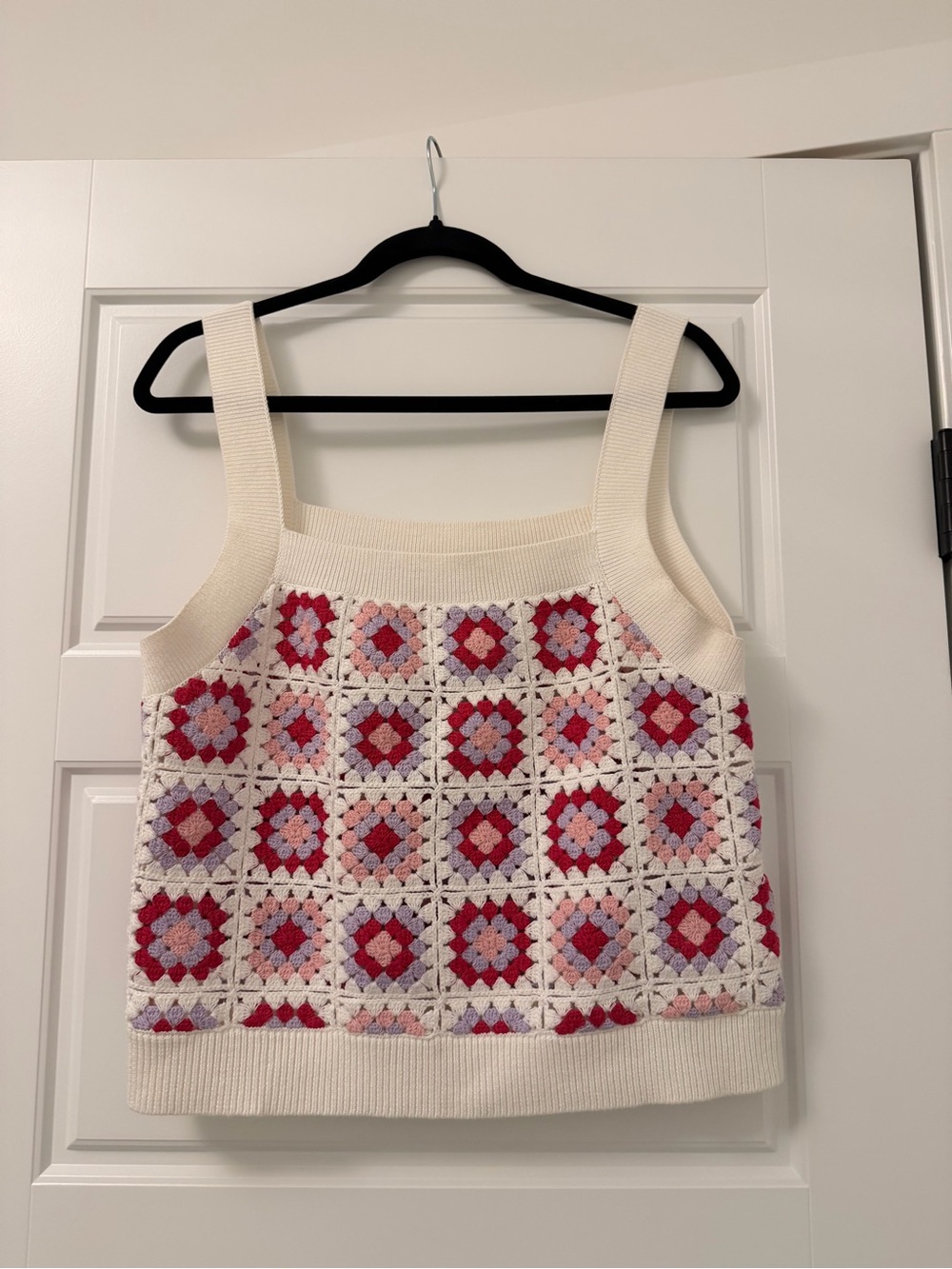 Sézane Ayumi Top -  Cream Crochet Square-Panel Tank Top with Pink & Red Accents